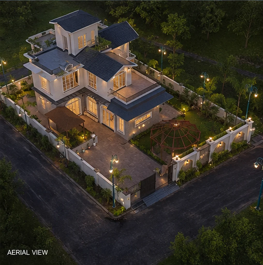 Architectural visualisation of a Spanish-inspired Bagicha at Ganges villa