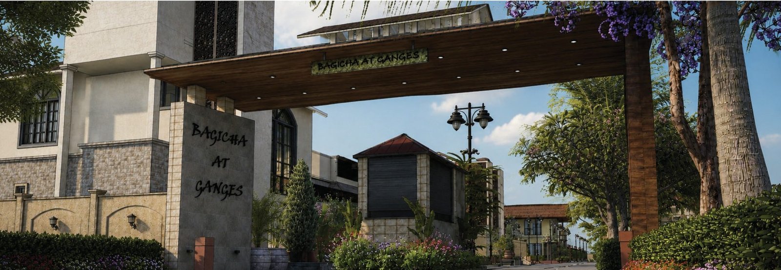 Gated courtyard entrance of a Spanish-inspired farmhouse