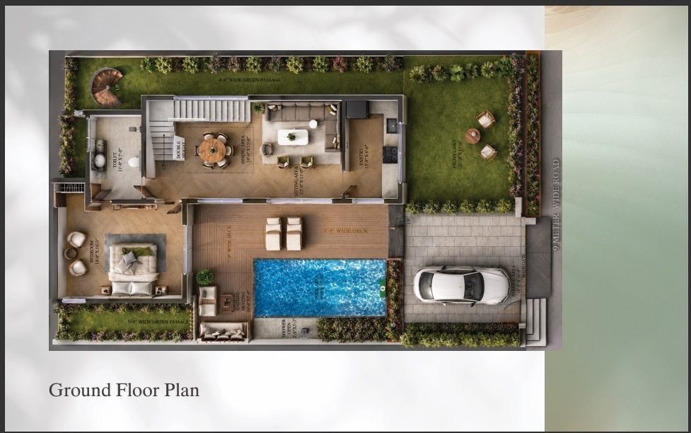 Ground floor plan of a Bagicha farmhouse with living room, bedroom, pool and parking