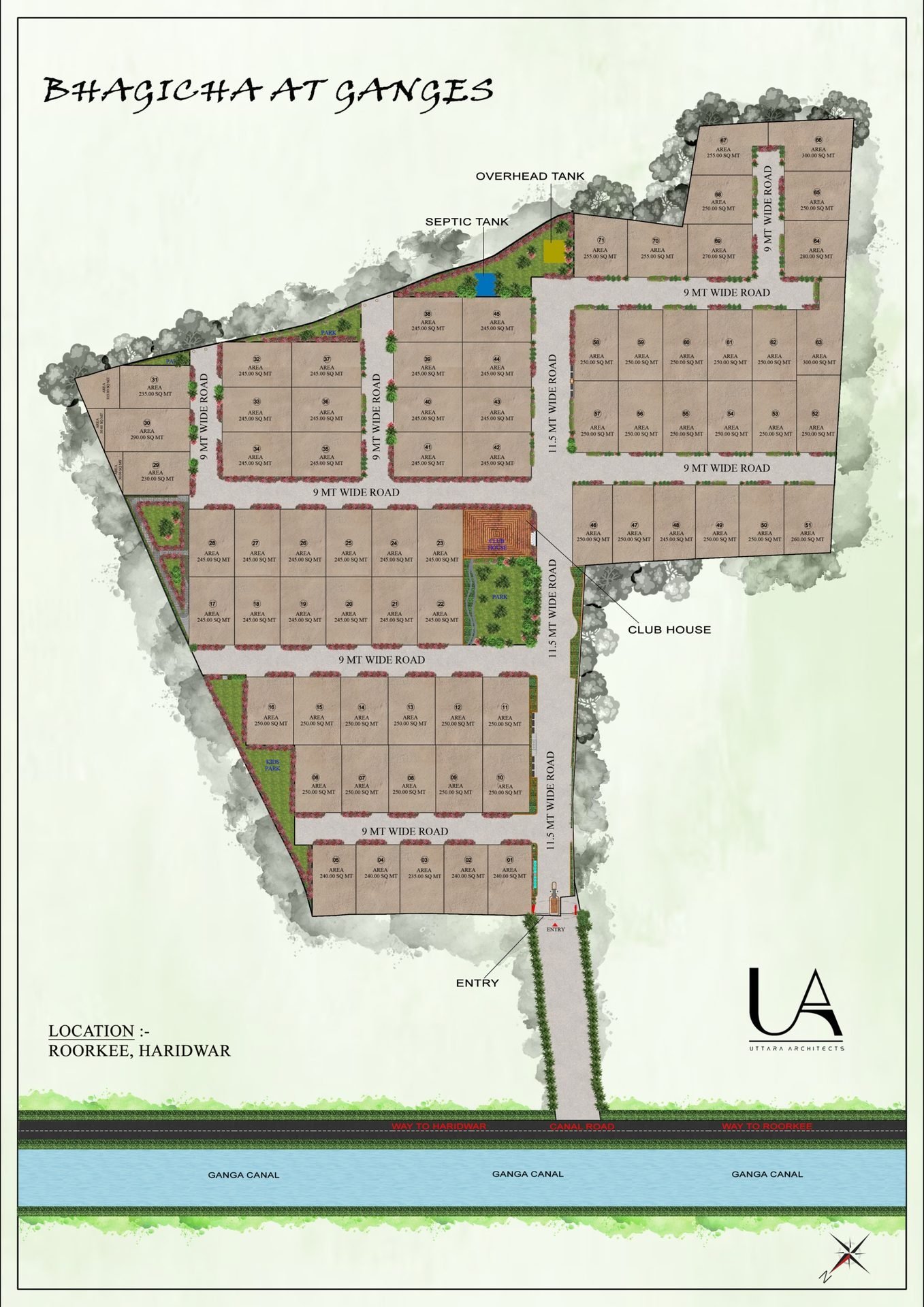 Master plan of Bagicha at Ganges at Roorkee–Haridwar, with plots, clubhouse and Ganga Canal
